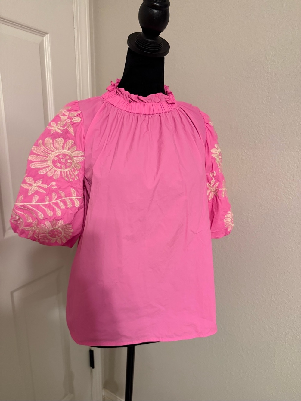 THML Pink Puff Sleeve Embroidered Blouse